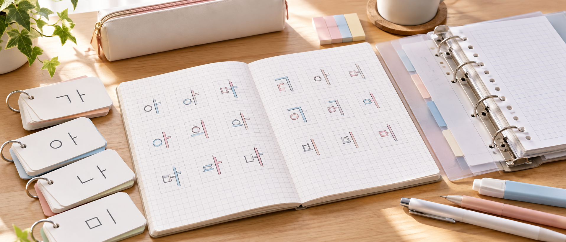 デスクの上に並べられた5mm方眼ノート、ハングルが丁寧に書き込まれた単語カード、ルーズリーフバインダーと筆記具の静物