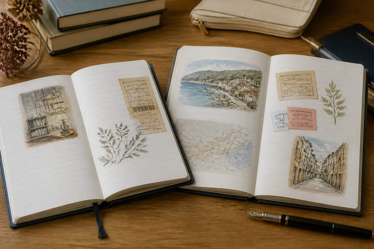 テーブルの上に広げられた趣味の読書ノートと旅行ノート、チケットの半券やイラストが描かれた美しい誌面