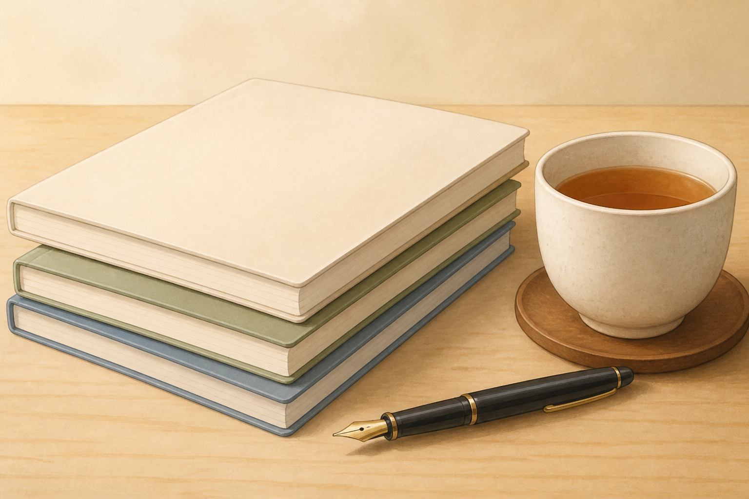 書き終えた数冊のノートが綺麗に重ねられ、その傍らに満足そうに置かれた万年筆と温かいお茶のカップ