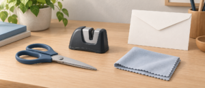 作業机の上に置かれた文房具のハサミと、手入れ用のクロス、専用研ぎ器が静かに配置されている光景