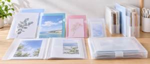 デスクの上に並べられたA4、A5、B5などの多様なサイズのクリアファイルと書類