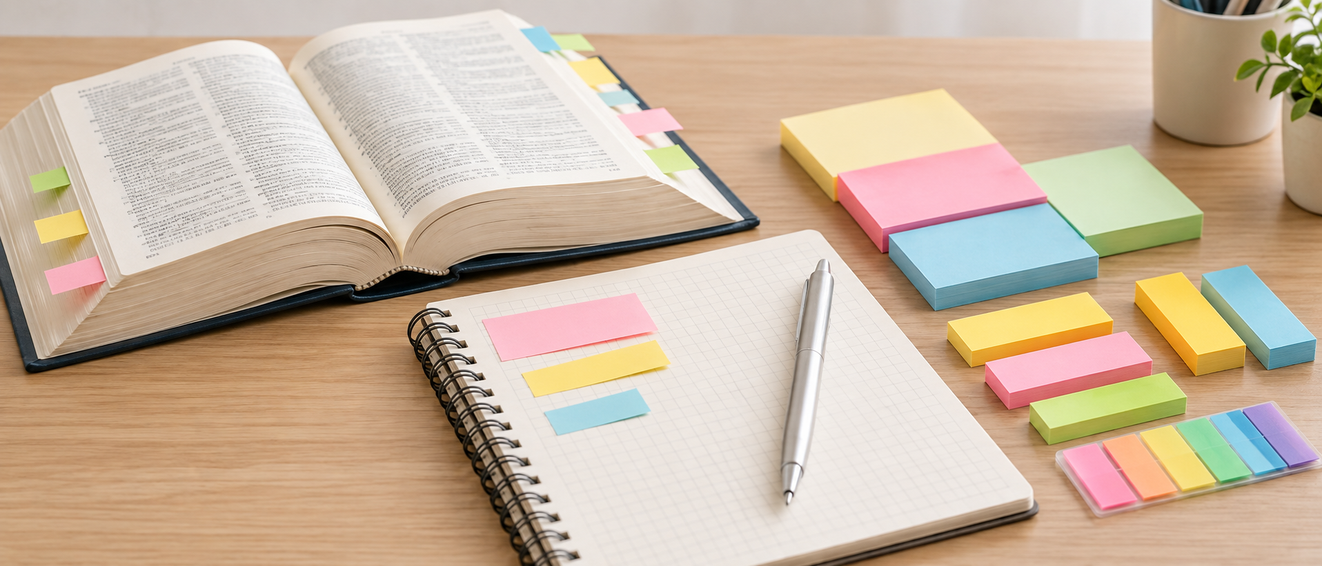 デスクの上に置かれた辞書とノート、さまざまなサイズの付箋